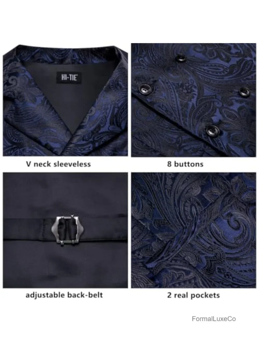 Men's Double Breasted Formal Vest Set with Tie, Pocket Square, Cufflinks for